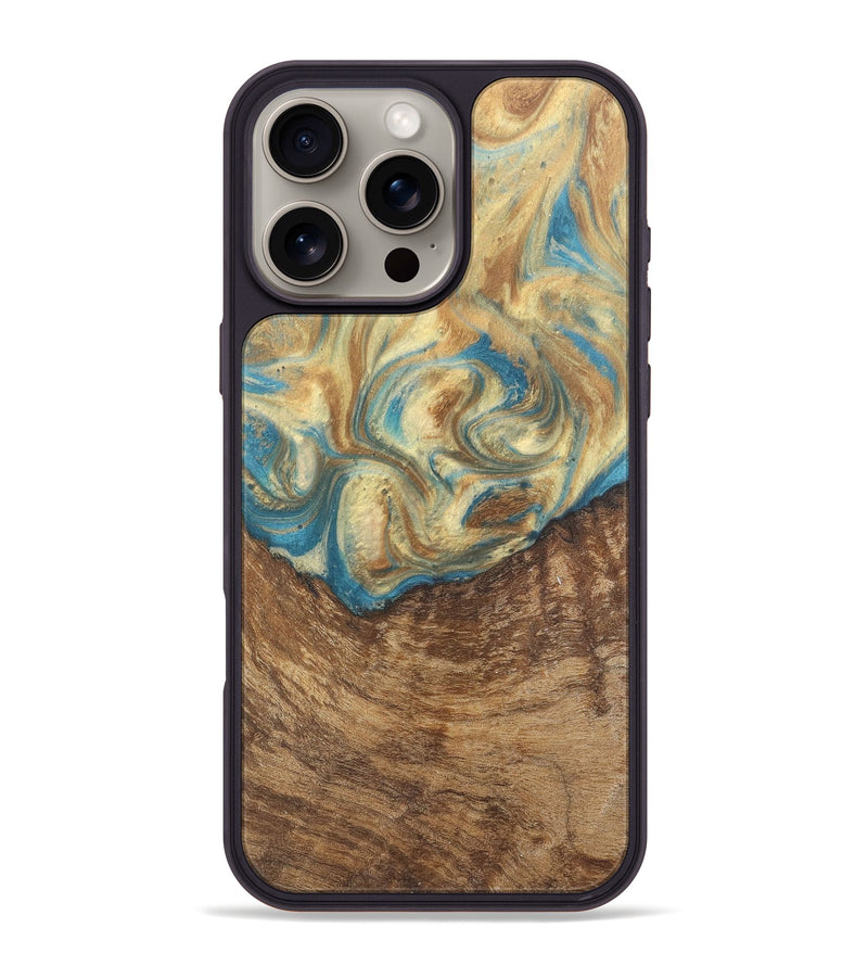 iPhone 16 Pro Max Wood Phone Case - Delphinia (Teal & Gold, 727164)