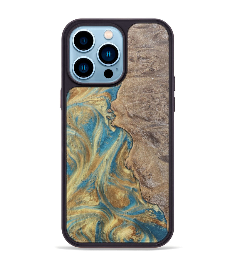 iPhone 14 Pro Max Wood Phone Case - Sileas (Teal & Gold, 727168)