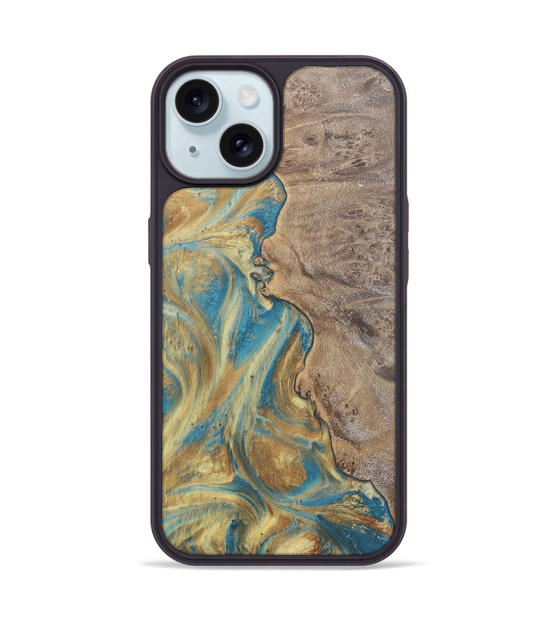 iPhone 15 Wood Phone Case - Sileas (Teal & Gold, 727168)