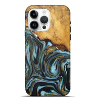 iPhone 15 Pro Max Wood Live Edge Phone Case - Lisa (Teal & Gold, 727215)