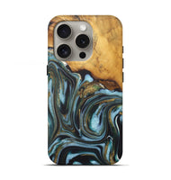 iPhone 16 Pro Wood Live Edge Phone Case - Lisa (Teal & Gold, 727215)