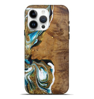 iPhone 15 Pro Max Wood Live Edge Phone Case - Meara (Teal & Gold, 727264)