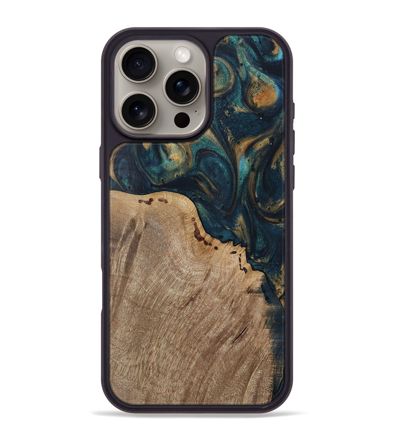 iPhone 16 Pro Max Wood Phone Case - Jazmine (Teal & Gold, 727963)