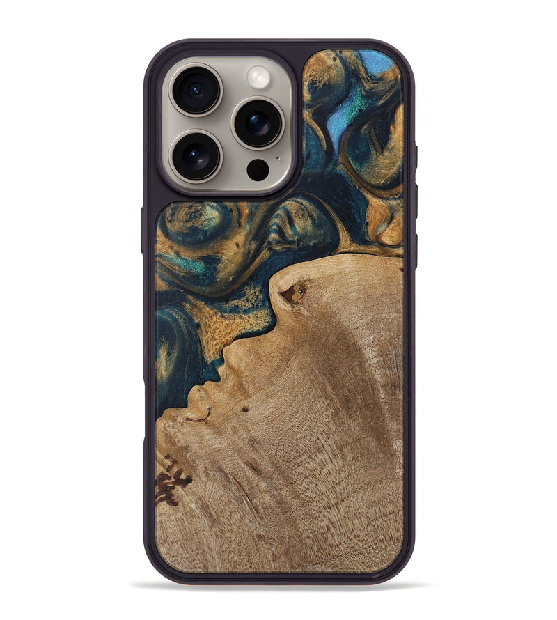 iPhone 16 Pro Max Wood Phone Case - Florette (Teal & Gold, 727965)