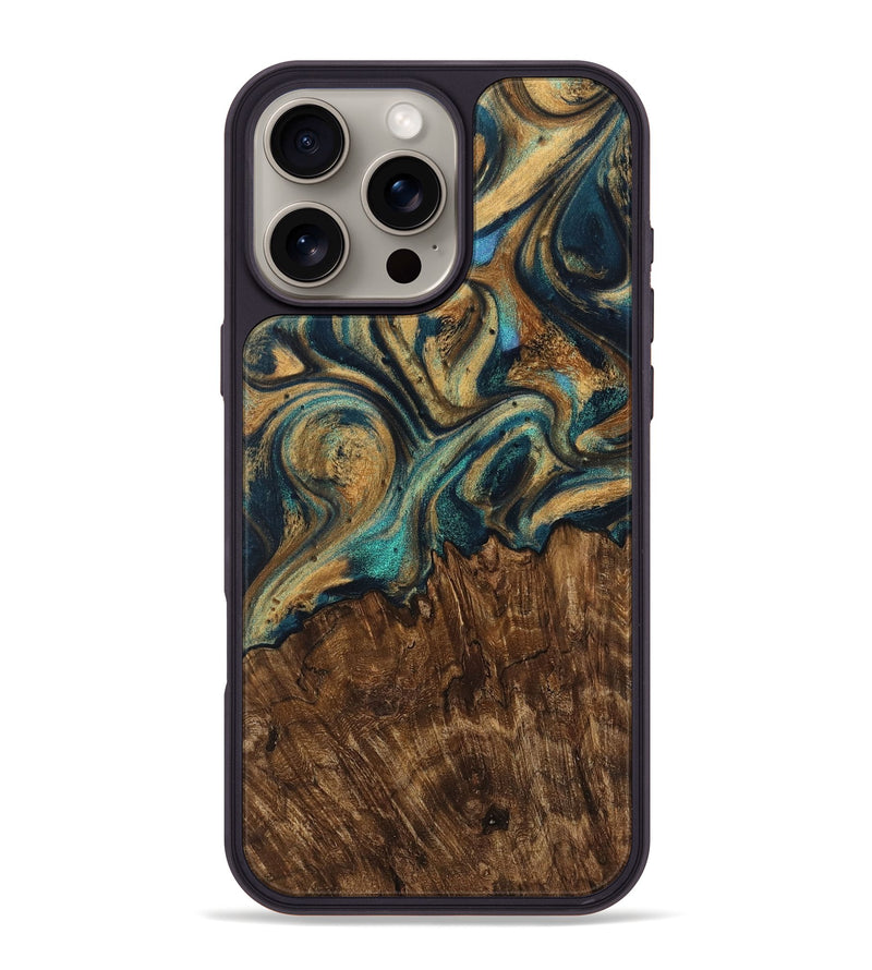 iPhone 16 Pro Max Wood Phone Case - Ahmad (Teal & Gold, 727970)