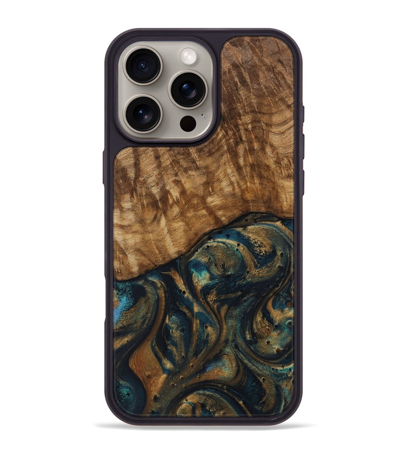 iPhone 16 Pro Max Wood Phone Case - Meris (Teal & Gold, 727972)