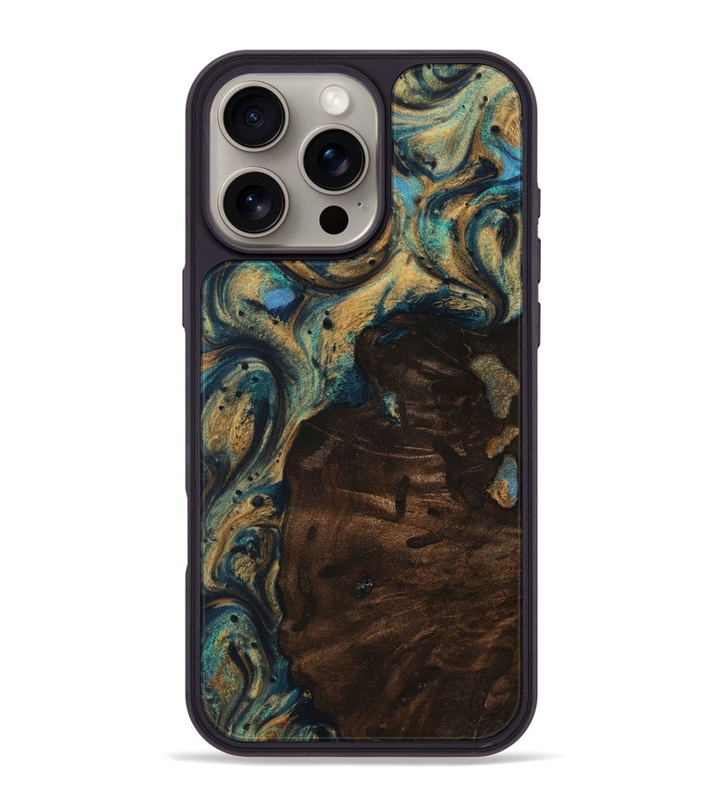 iPhone 16 Pro Max Wood Phone Case - Sotos (Teal & Gold, 727980)