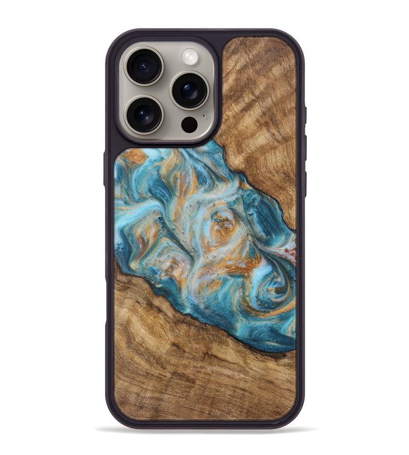 iPhone 16 Pro Max Wood Phone Case - Berthe (Teal & Gold, 727984)