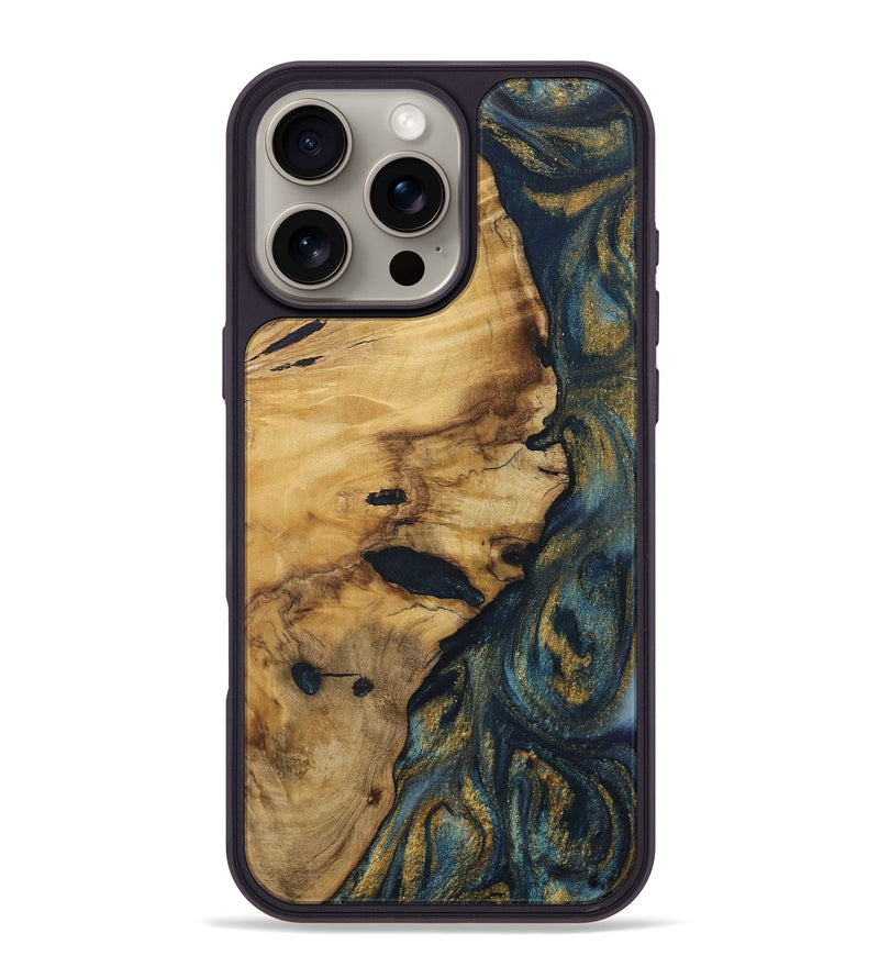 iPhone 16 Pro Max Wood Phone Case - Cara (Teal & Gold, 728348)