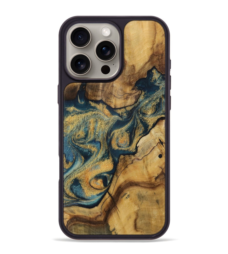 iPhone 16 Pro Max Wood Phone Case - Marscha (Teal & Gold, 728409)