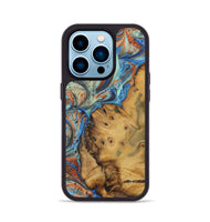 iPhone 14 Pro Wood Phone Case - Bird (Teal & Gold, 728640)