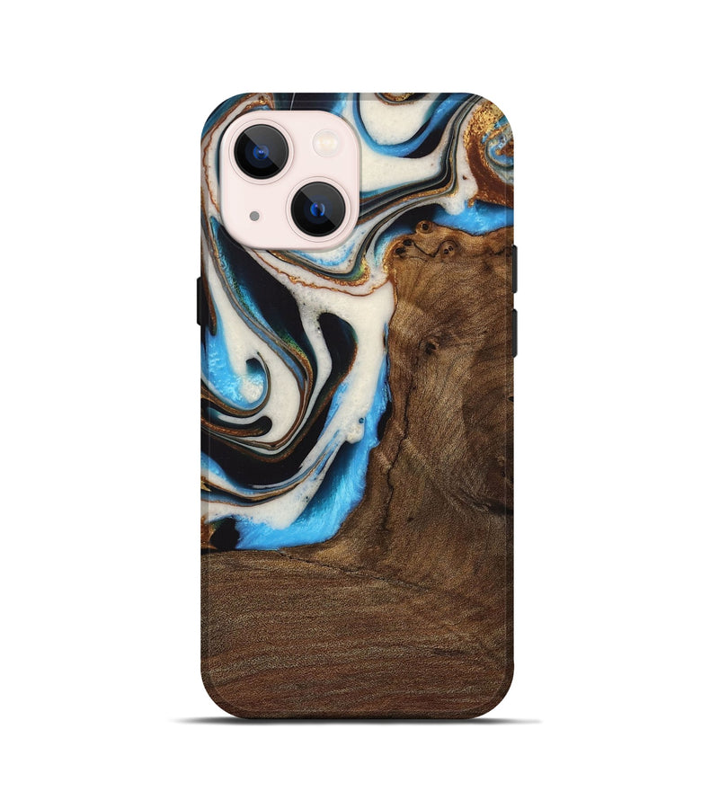 iPhone 13 mini Wood Live Edge Phone Case - Lalla (Teal & Gold, 728978)