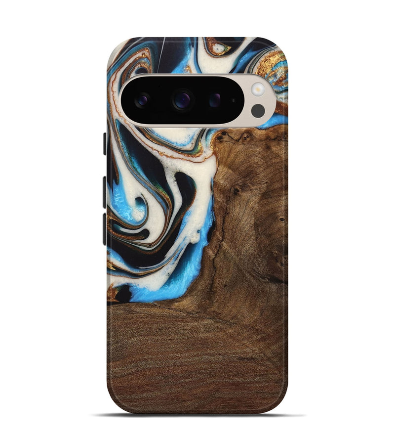 Pixel 9 Wood Live Edge Phone Case - Lalla (Teal & Gold, 728978)