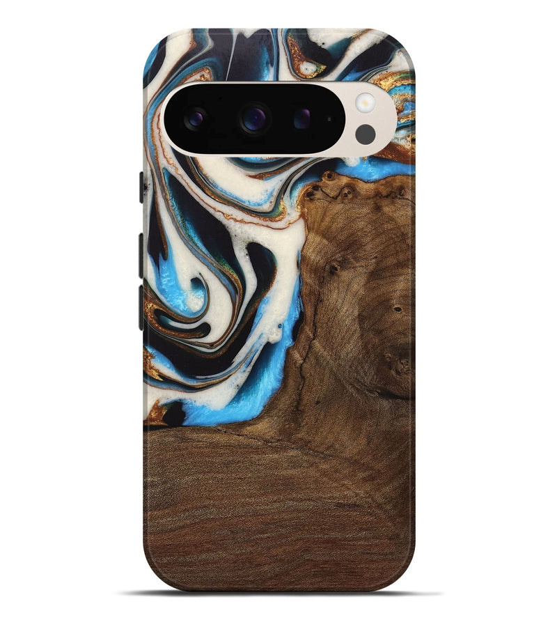 Pixel 9 Pro XL Wood Live Edge Phone Case - Lalla (Teal & Gold, 728978)