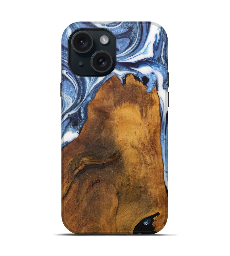 iPhone 15 Wood Live Edge Phone Case - Makayla (Blue, 728986)