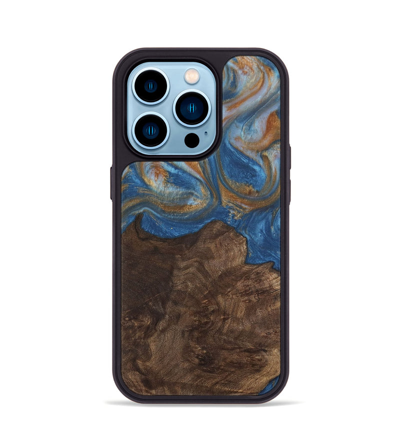 iPhone 14 Pro Wood Phone Case - Kathye (Teal & Gold, 729227)