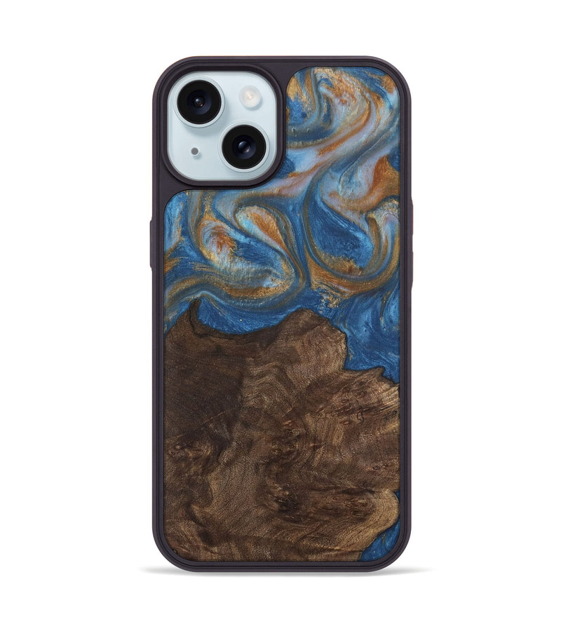 iPhone 15 Wood Phone Case - Kathye (Teal & Gold, 729227)