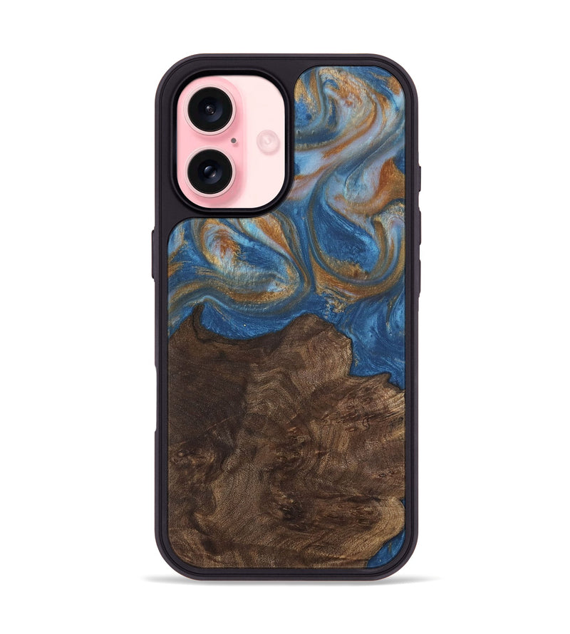 iPhone 16 Wood Phone Case - Kathye (Teal & Gold, 729227)