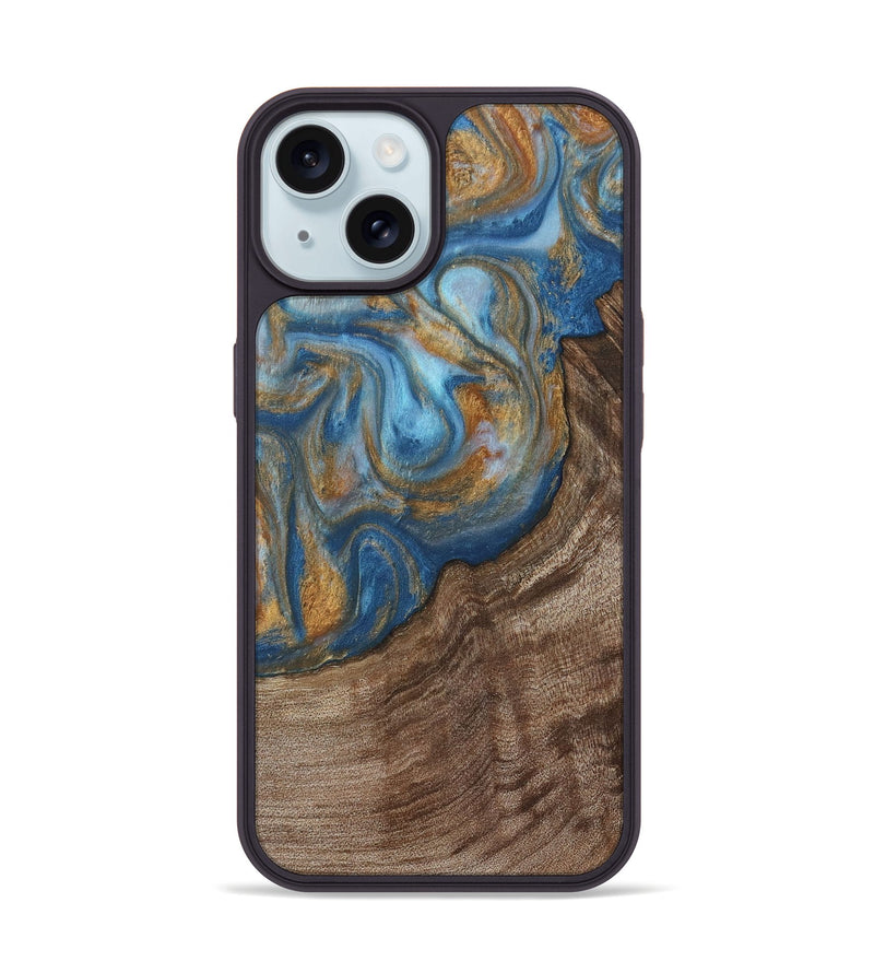 iPhone 15 Wood Phone Case - Mont (Teal & Gold, 729272)