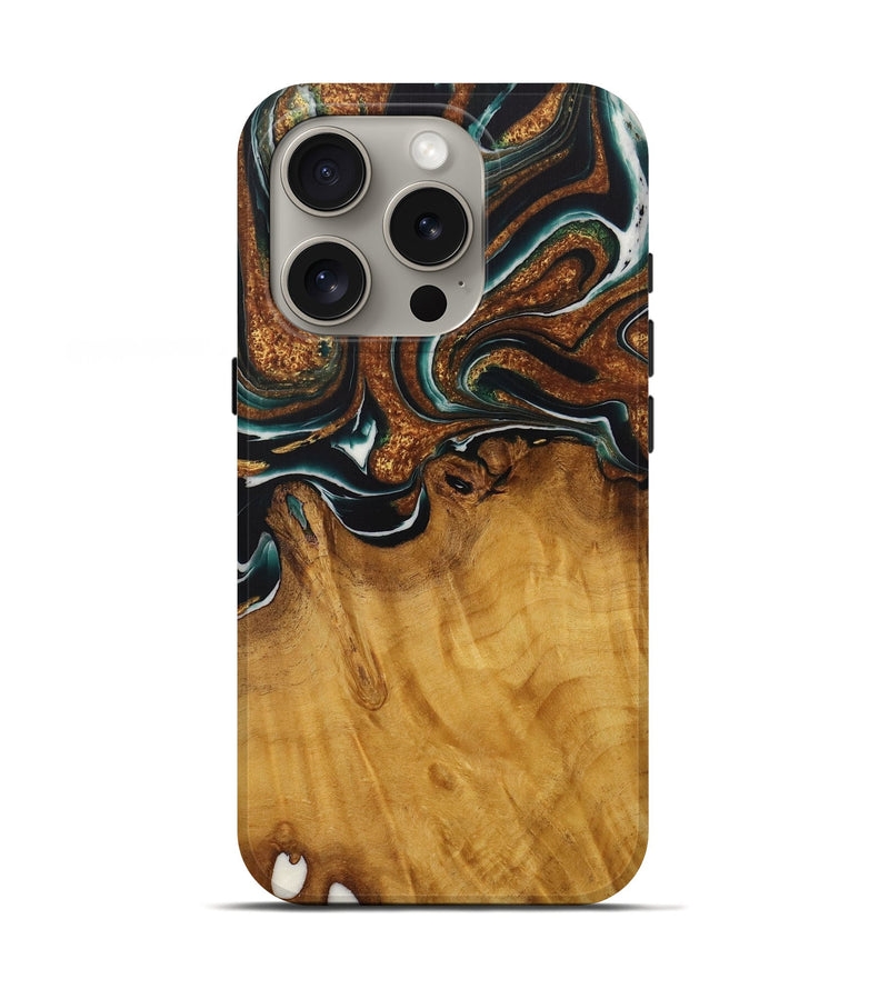 iPhone 16 Pro Wood Live Edge Phone Case - Breco (Teal & Gold, 729340)