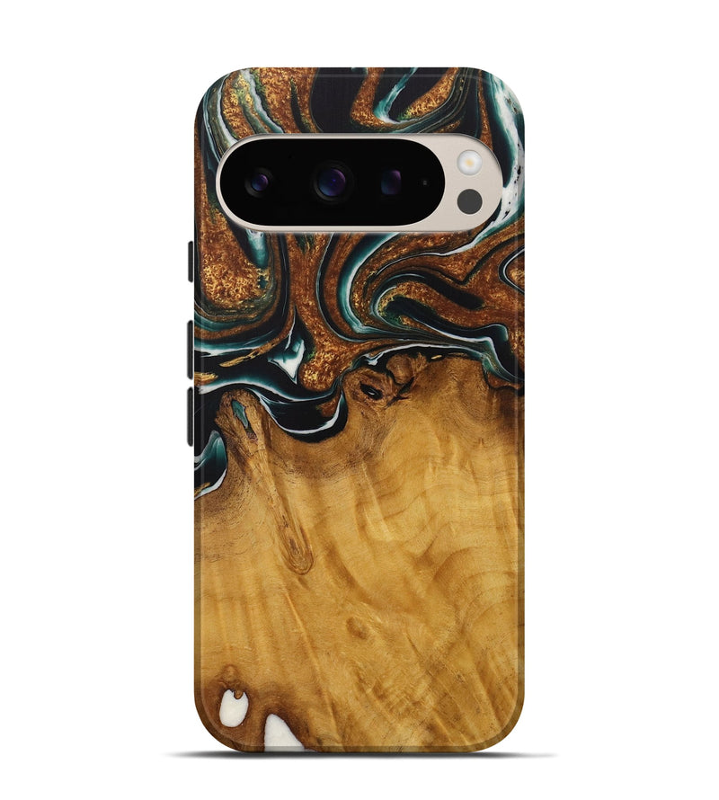 Pixel 9 Wood Live Edge Phone Case - Breco (Teal & Gold, 729340)