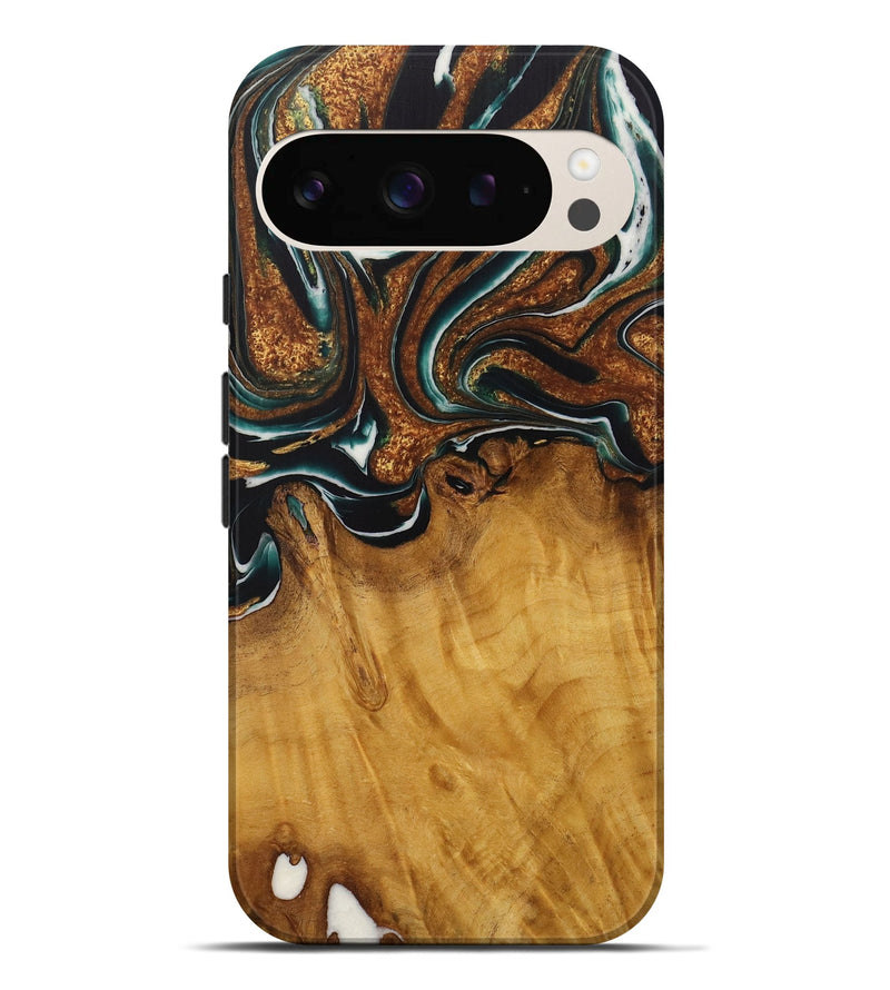 Pixel 9 Pro XL Wood Live Edge Phone Case - Breco (Teal & Gold, 729340)