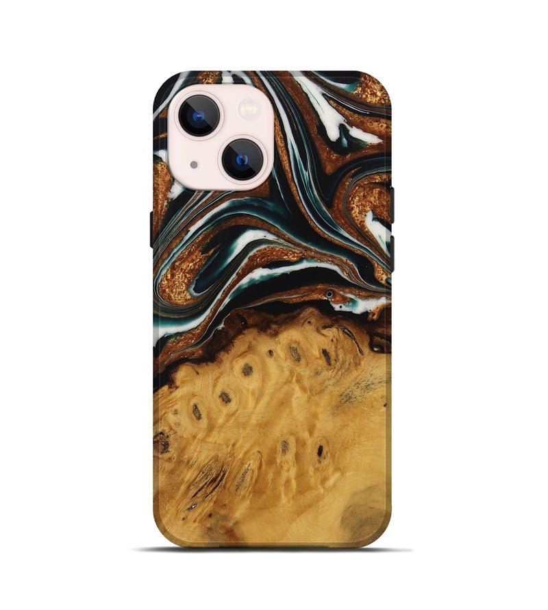 iPhone 13 mini Wood Live Edge Phone Case - Pierre (Teal & Gold, 729350)