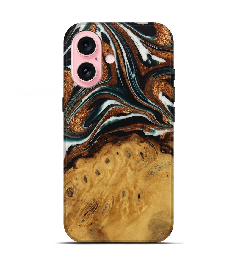 iPhone 16 Wood Live Edge Phone Case - Pierre (Teal & Gold, 729350)