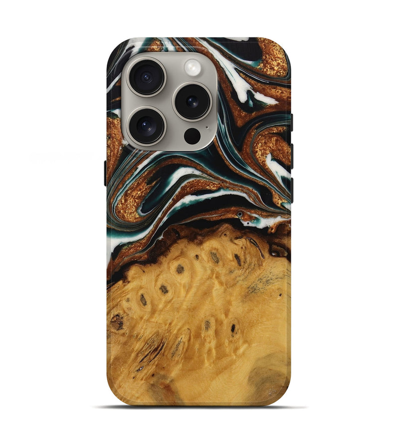 iPhone 16 Pro Wood Live Edge Phone Case - Pierre (Teal & Gold, 729350)