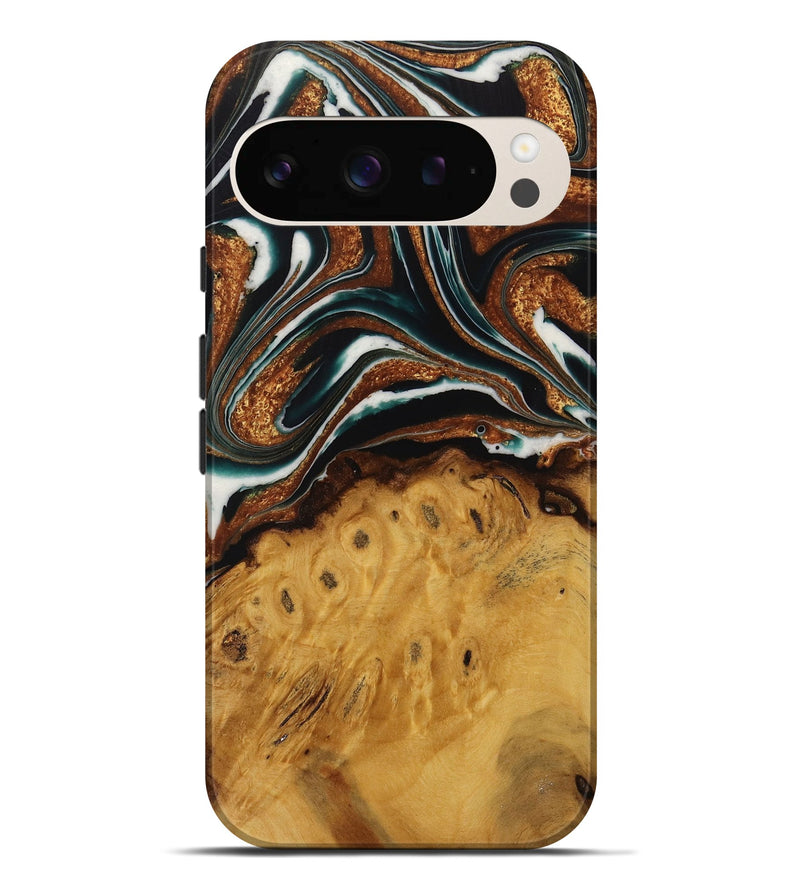 Pixel 9 Pro XL Wood Live Edge Phone Case - Pierre (Teal & Gold, 729350)