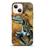 iPhone 14 Plus Wood Live Edge Phone Case - Charee (Teal & Gold, 729351)