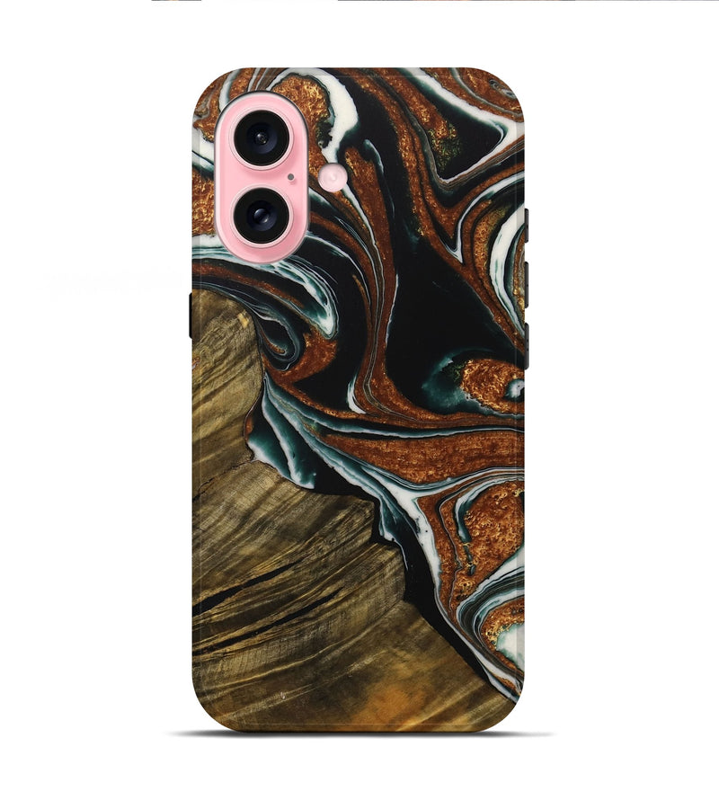 iPhone 16 Wood Live Edge Phone Case - Tiena (Teal & Gold, 729366)