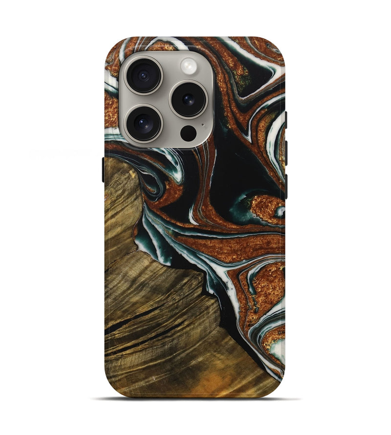 iPhone 16 Pro Wood Live Edge Phone Case - Tiena (Teal & Gold, 729366)