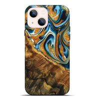 iPhone 14 Plus Wood Live Edge Phone Case - Messa (Teal & Gold, 729368)