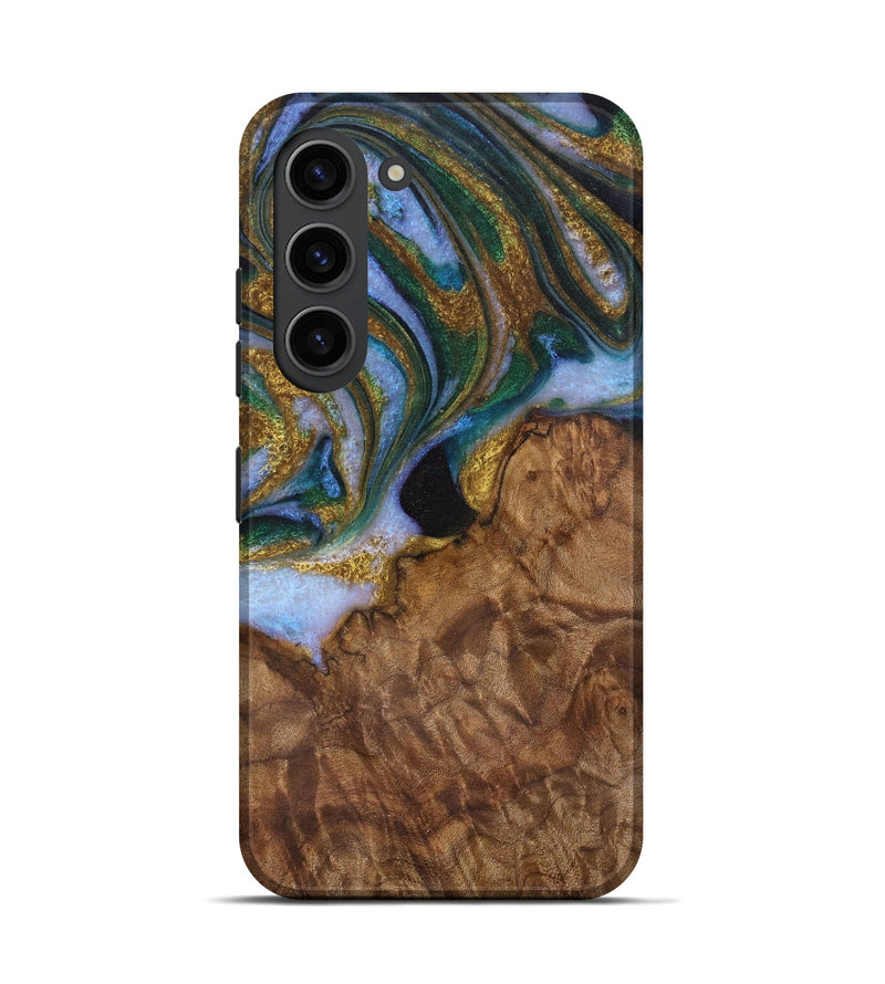 Galaxy S23 Wood Live Edge Phone Case - Bunny (Teal & Gold, 729505)