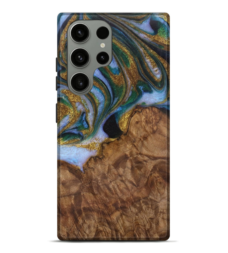 Galaxy S23 Ultra Wood Live Edge Phone Case - Bunny (Teal & Gold, 729505)