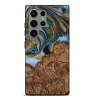 Galaxy S24 Ultra Wood Live Edge Phone Case - Bunny (Teal & Gold, 729505)