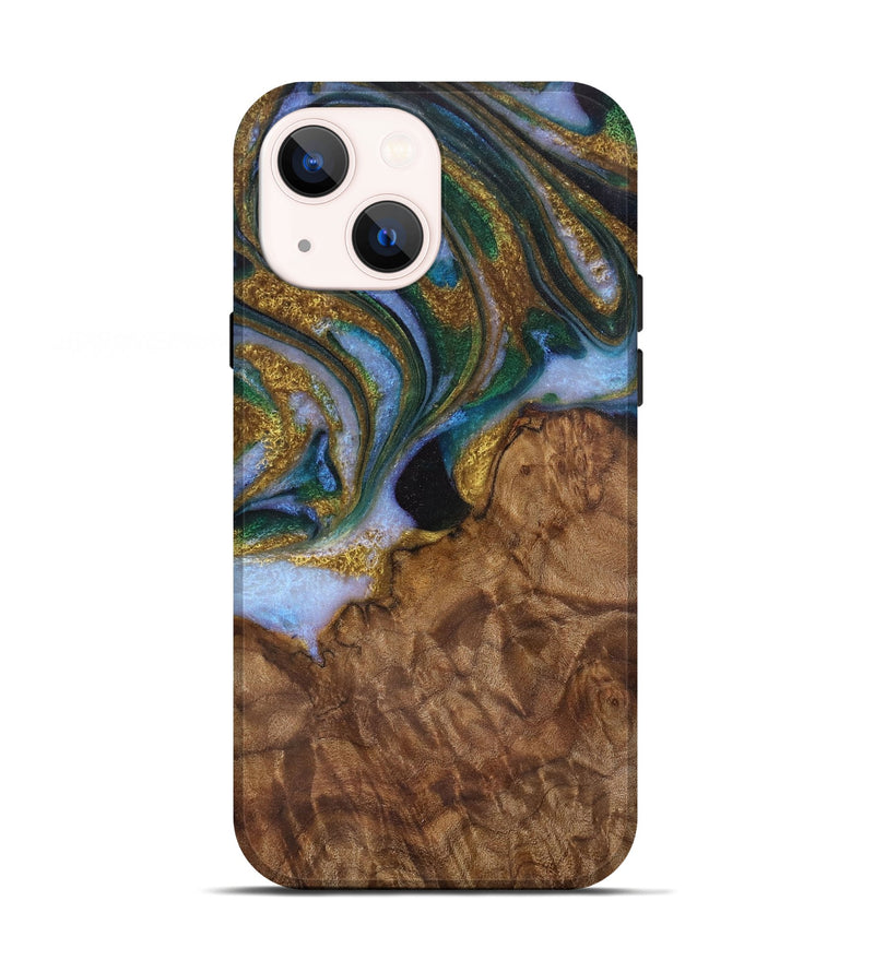 iPhone 13 Wood Live Edge Phone Case - Bunny (Teal & Gold, 729505)