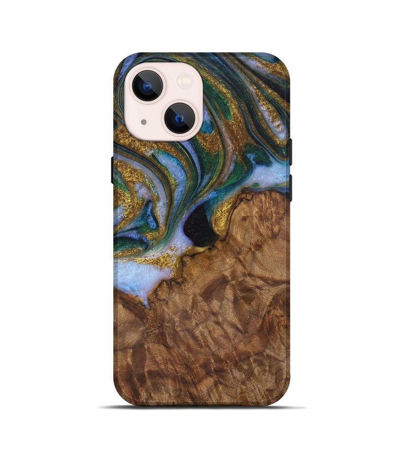 iPhone 13 mini Wood Live Edge Phone Case - Bunny (Teal & Gold, 729505)