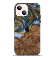 iPhone 14 Plus Wood Live Edge Phone Case - Bunny (Teal & Gold, 729505)