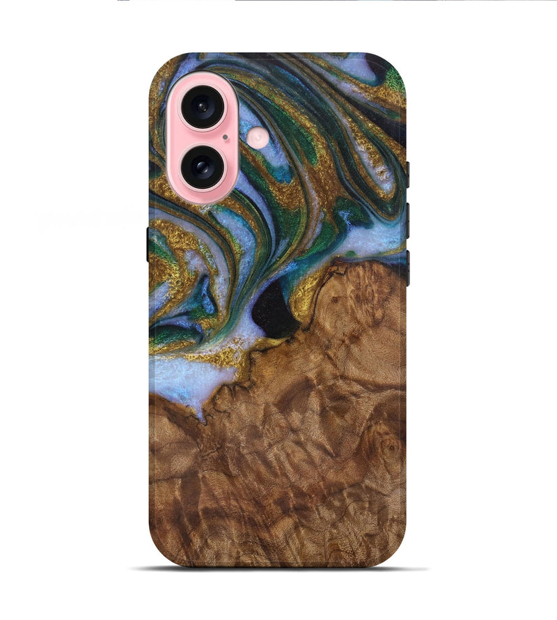 iPhone 16 Wood Live Edge Phone Case - Bunny (Teal & Gold, 729505)