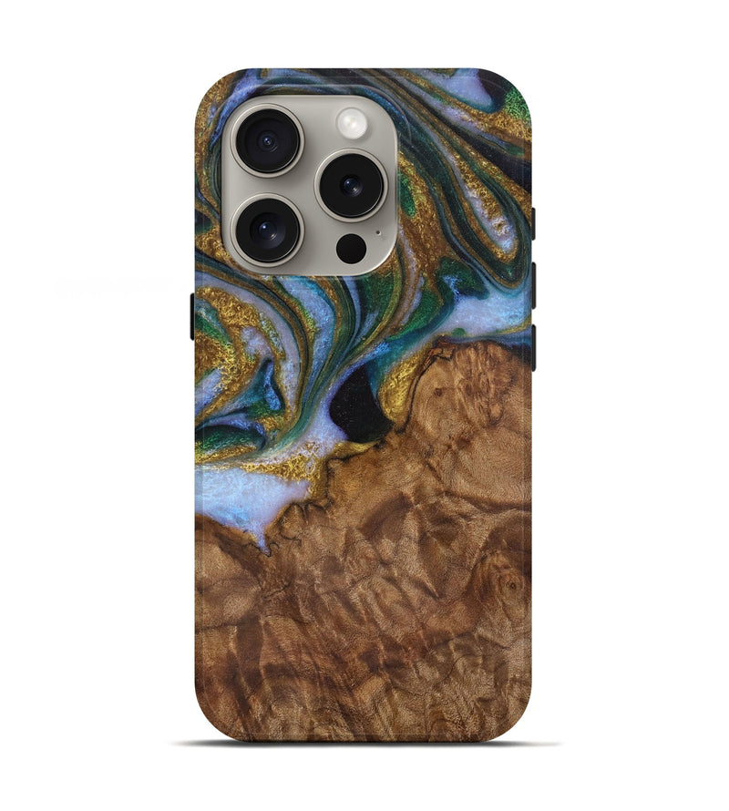 iPhone 16 Pro Wood Live Edge Phone Case - Bunny (Teal & Gold, 729505)