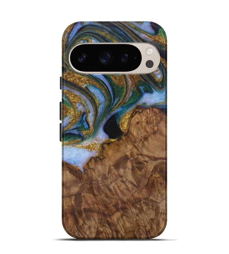 Pixel 9 Wood Live Edge Phone Case - Bunny (Teal & Gold, 729505)