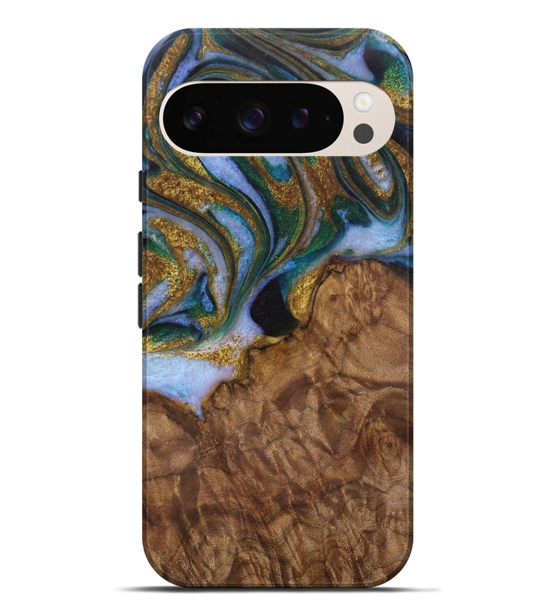 Pixel 9 Pro XL Wood Live Edge Phone Case - Bunny (Teal & Gold, 729505)