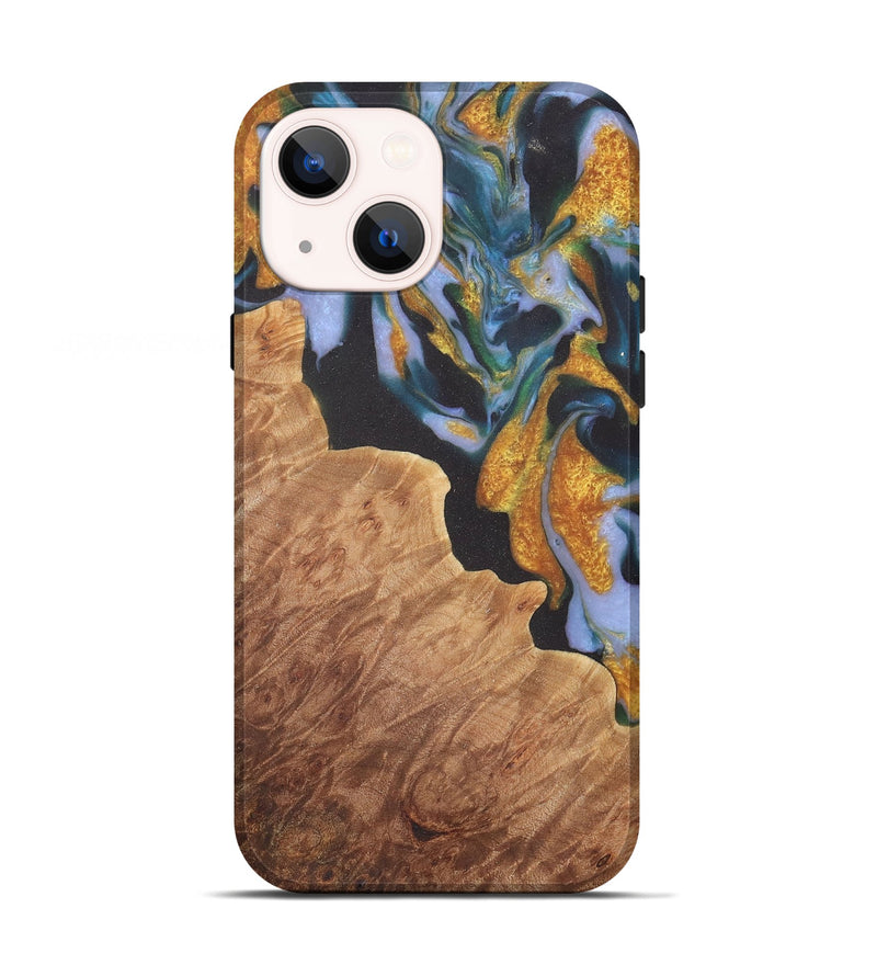 iPhone 13 Wood Live Edge Phone Case - Laryssa (Teal & Gold, 729511)