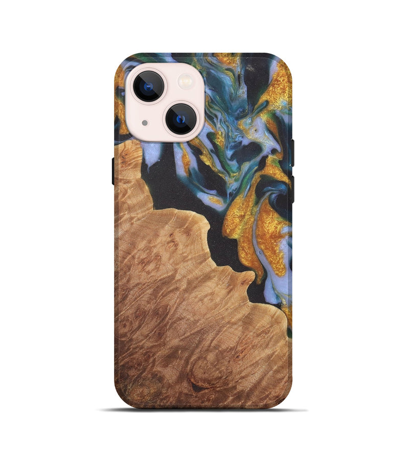 iPhone 13 mini Wood Live Edge Phone Case - Laryssa (Teal & Gold, 729511)