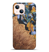 iPhone 14 Plus Wood Live Edge Phone Case - Laryssa (Teal & Gold, 729511)