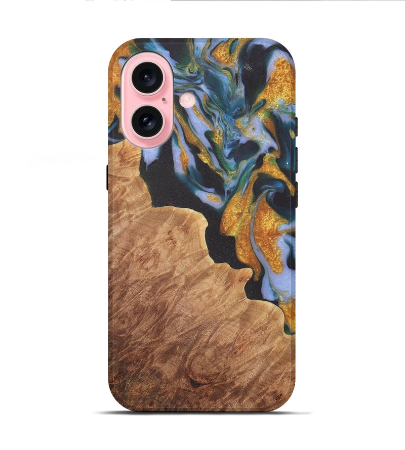 iPhone 16 Wood Live Edge Phone Case - Laryssa (Teal & Gold, 729511)