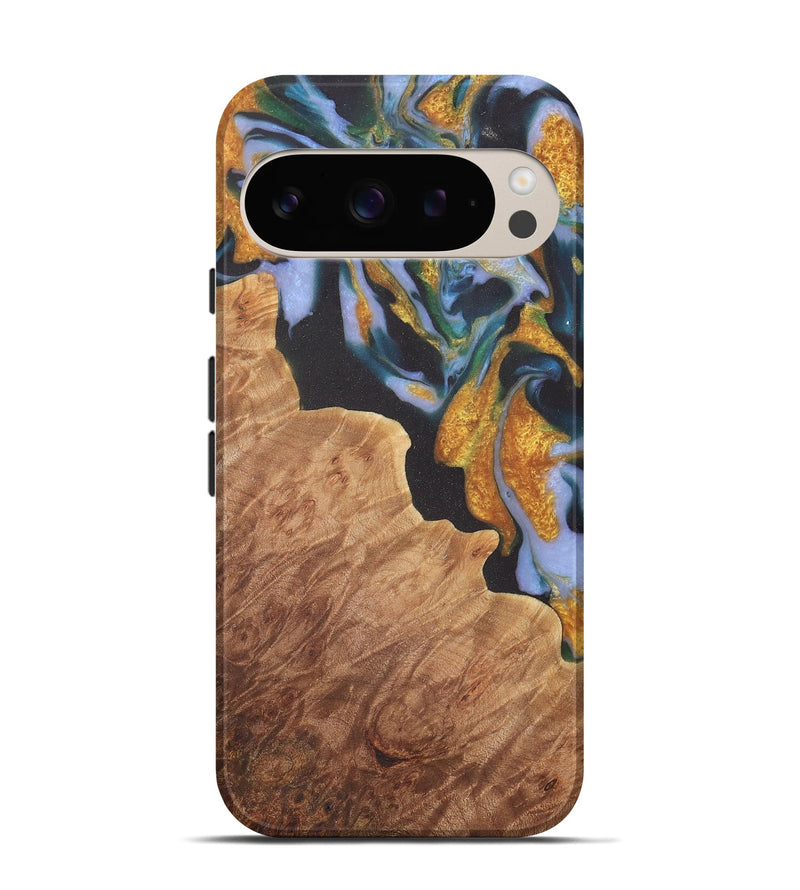 Pixel 9 Wood Live Edge Phone Case - Laryssa (Teal & Gold, 729511)