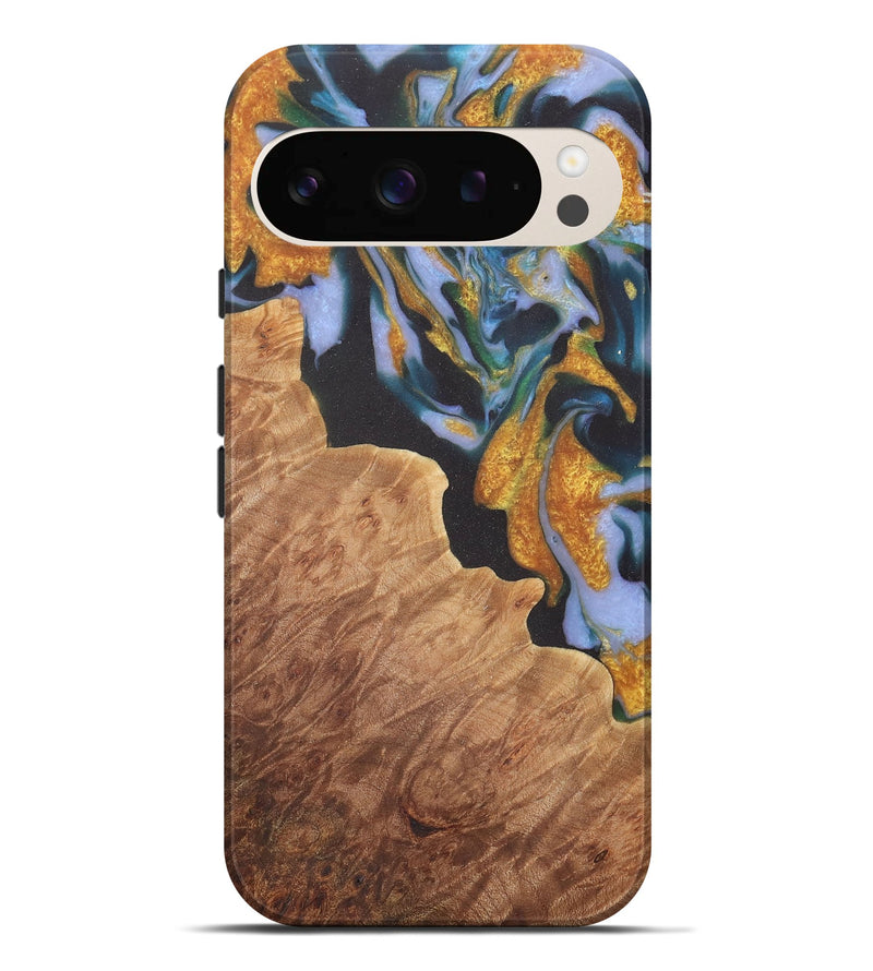 Pixel 9 Pro XL Wood Live Edge Phone Case - Laryssa (Teal & Gold, 729511)